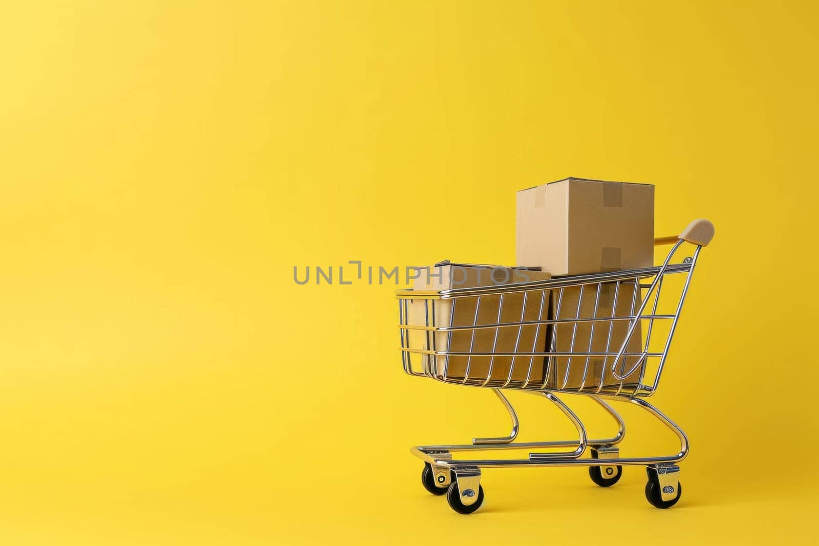 Shopping cart full of cardboard boxes on yellow background. Generative AI.