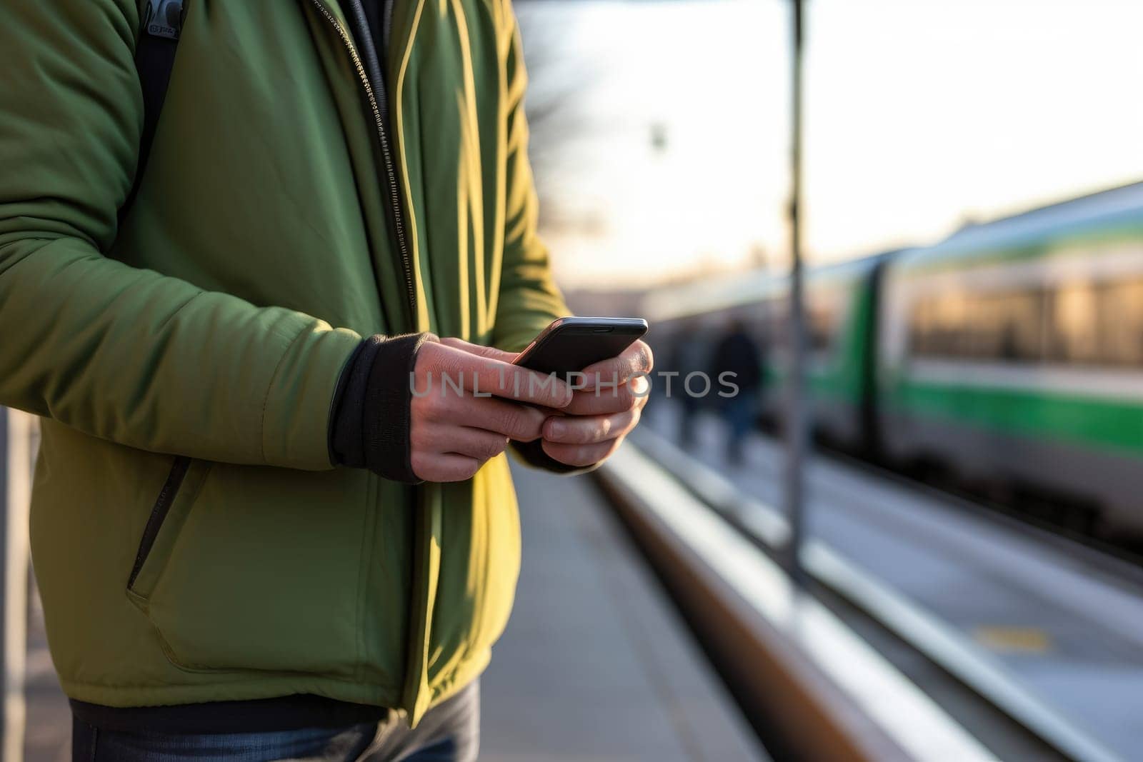 Focus Hand of human using mobile phone at railway station, AI Generative by nijieimu