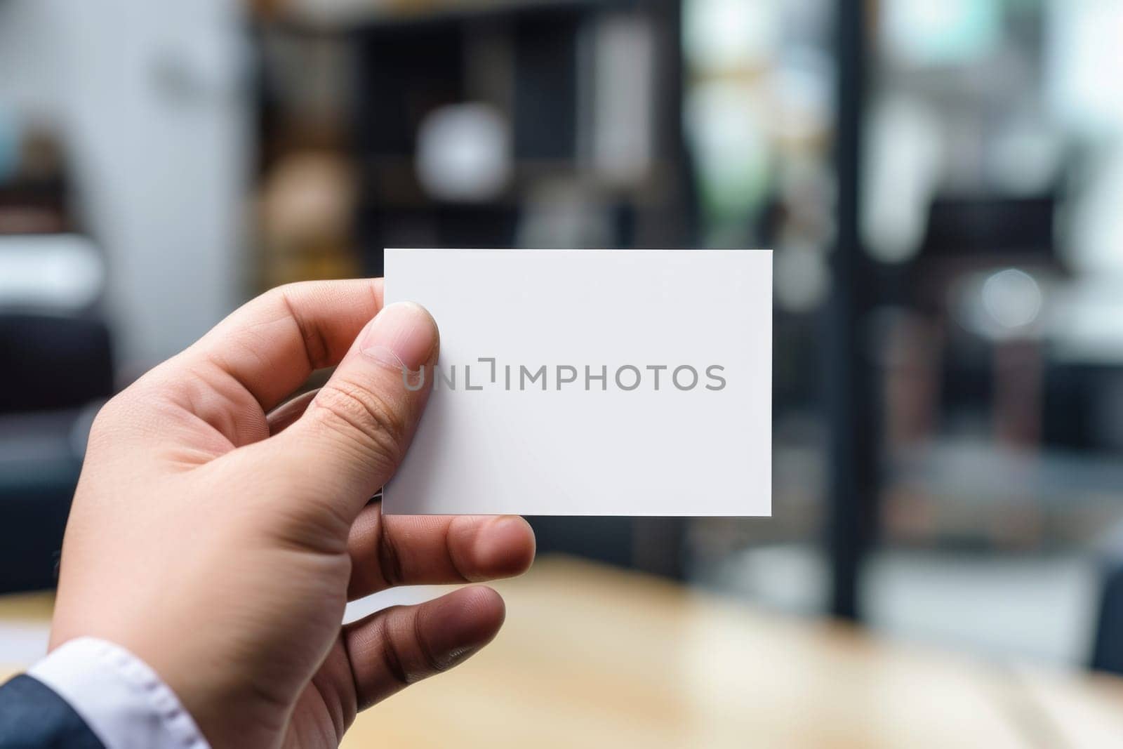 Male hand holding a blank business card. Generative AI.