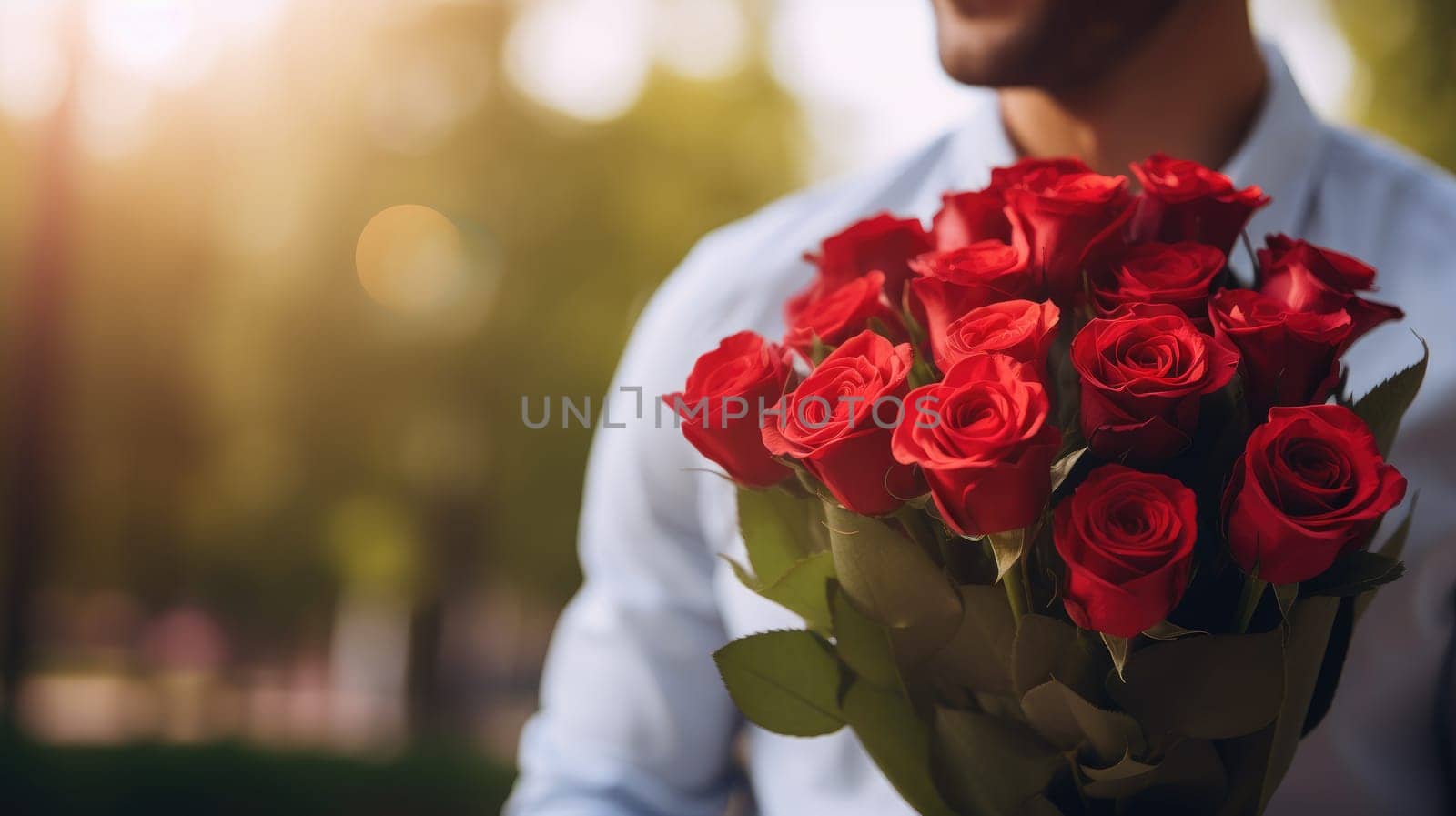 Man with red roses bouquet, Valentines Day, AI Generative.