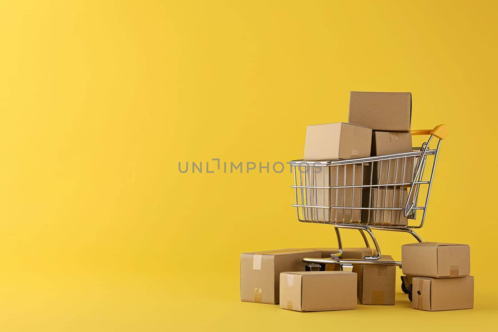 Shopping cart full of cardboard boxes on yellow background. Generative AI.