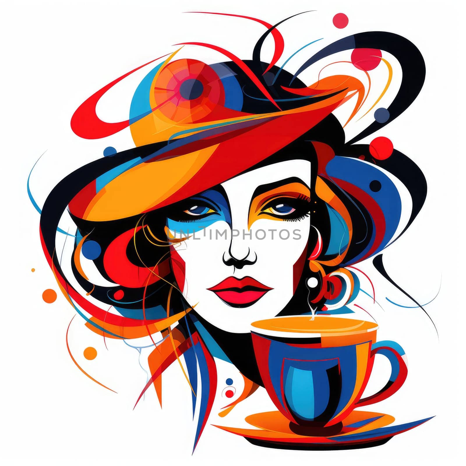 Woman with a cup of coffee in bright vector pop art style. Template for advertising cafe, coffee, etc.