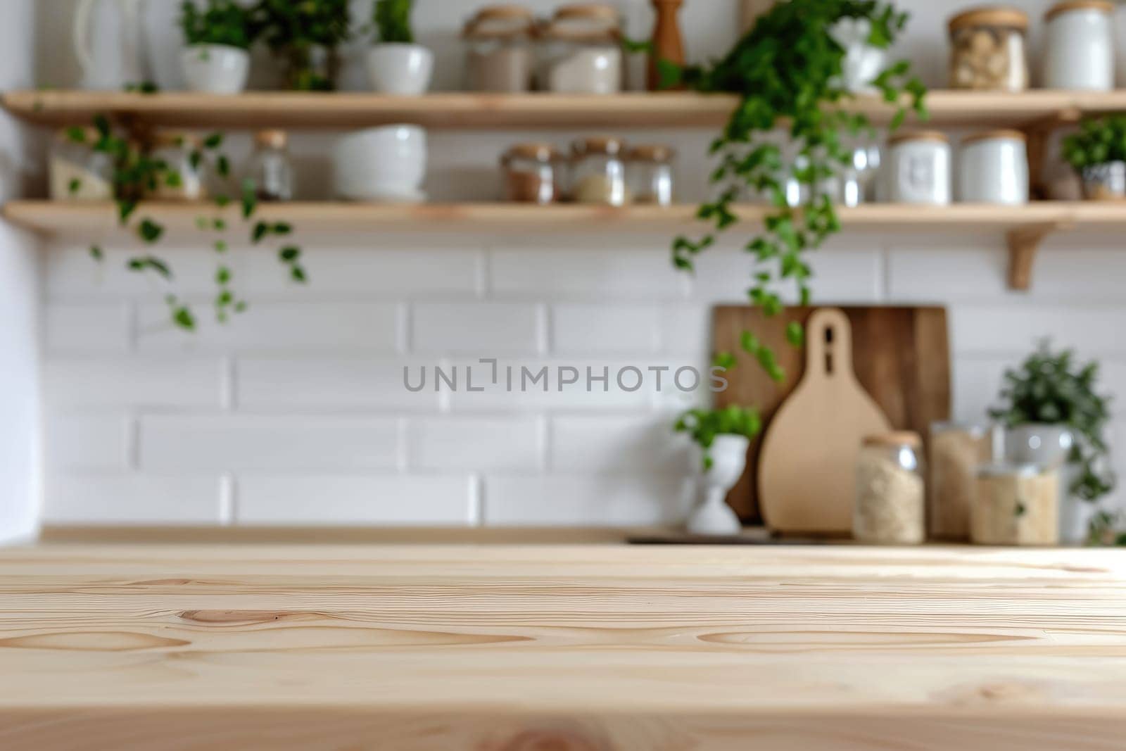 Empty counter table top for product display in modern kitchen interior.