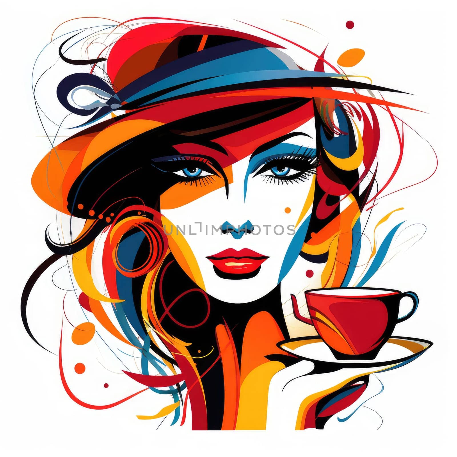 Woman with a cup of coffee in bright vector pop art style. Template for advertising cafe, coffee, etc.