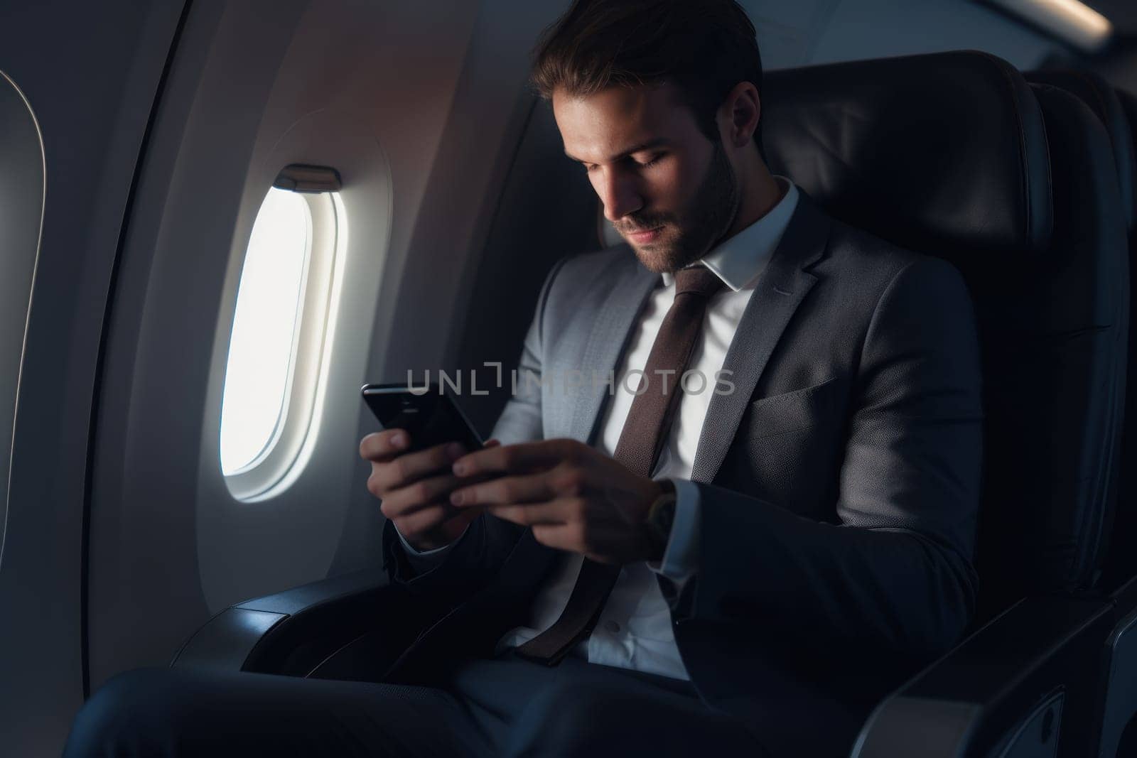 Portrait businessman sitting using smart phone inside airplane near the window, AI Generative.