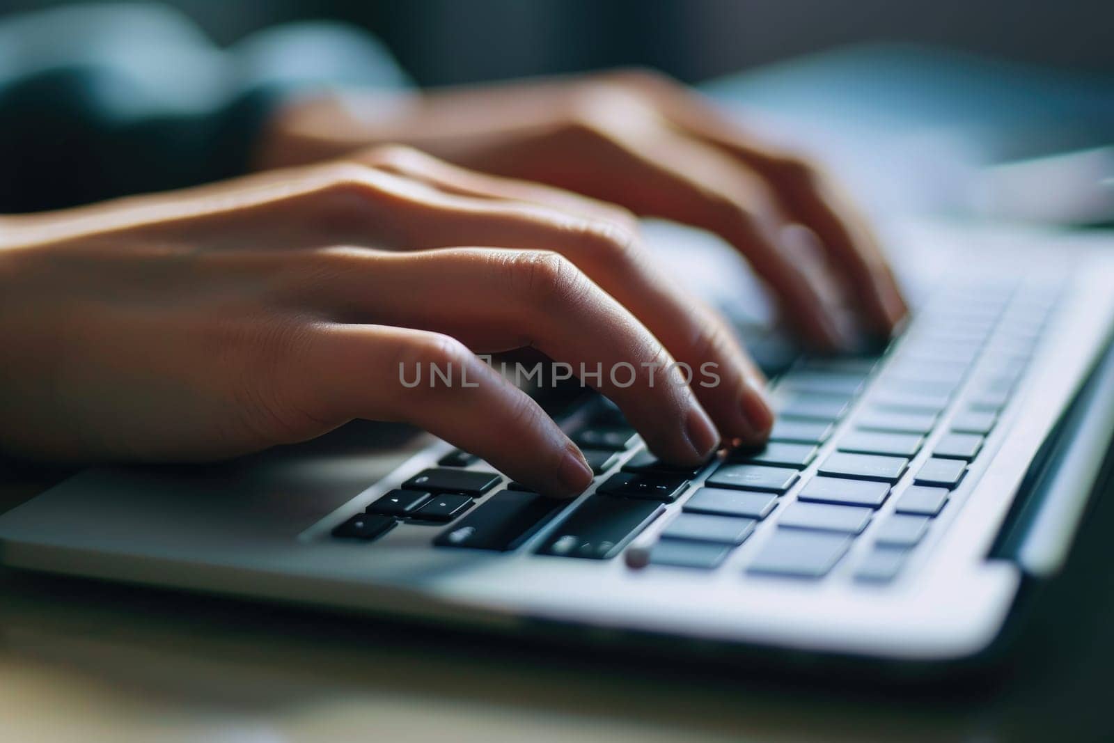 Closeup hands using laptop computer and internet, typing on keyboard, searching, browsing, working by nijieimu