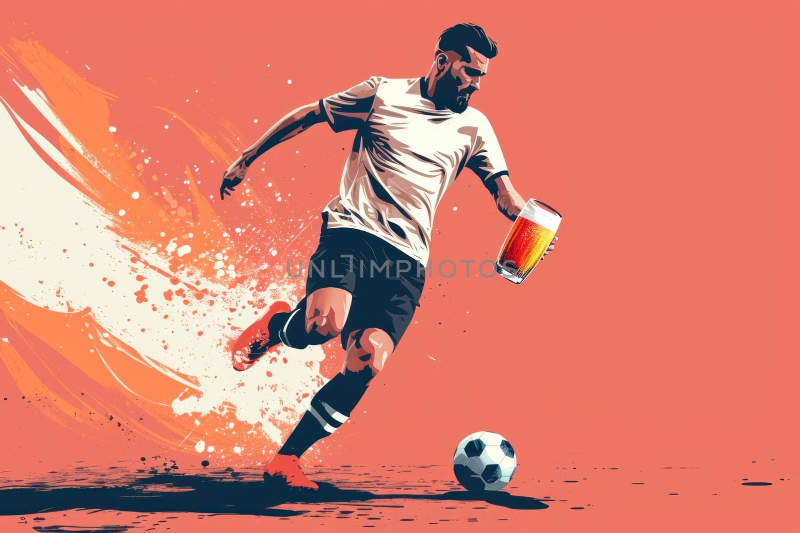 Soccer player holding a large beer glass Kicking a ball. Generative AI.