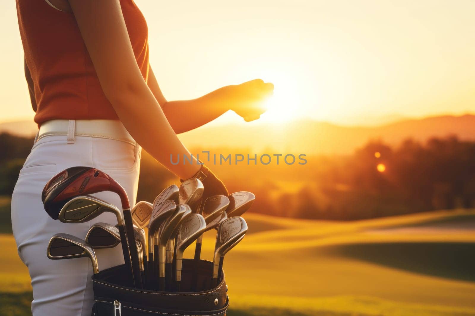 Golfer and Golf Stick Bag over green field background.