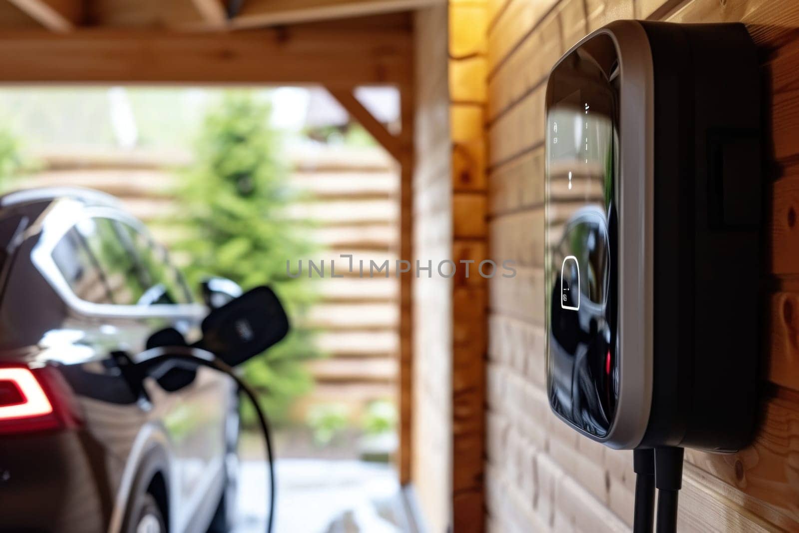 Electric car plugged to charging station outside home with power cable. Generative AI.
