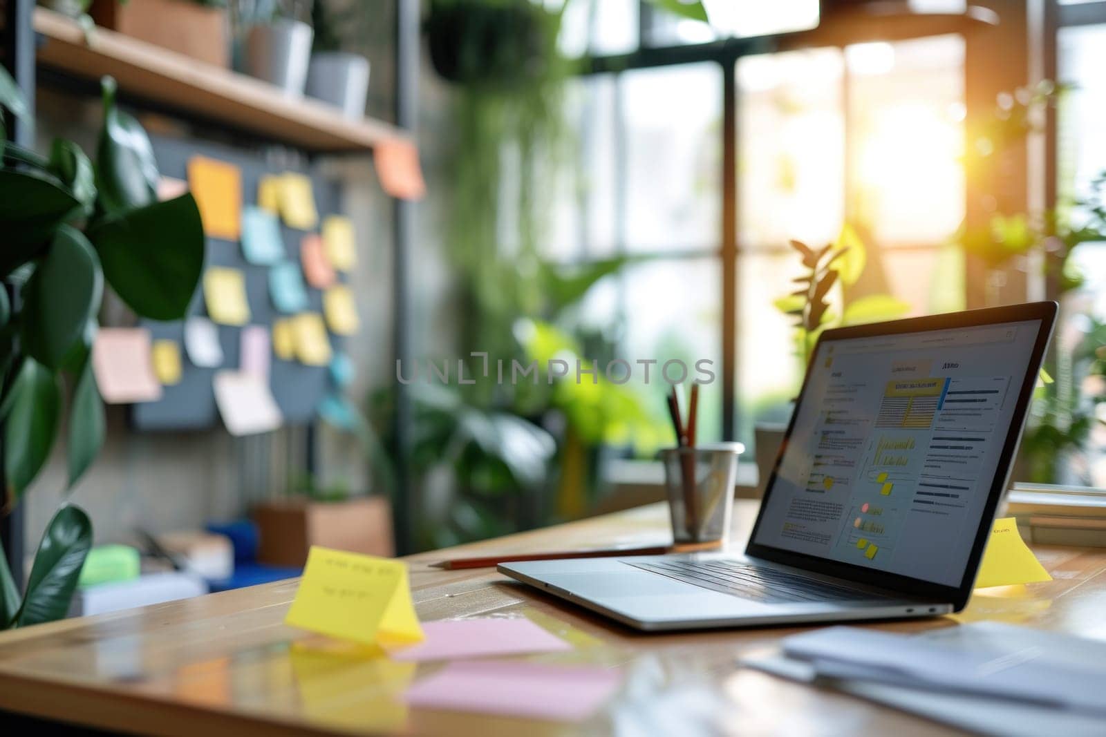 A cluttered desk with scattered papers, notes, and office supplies. Generative AI.