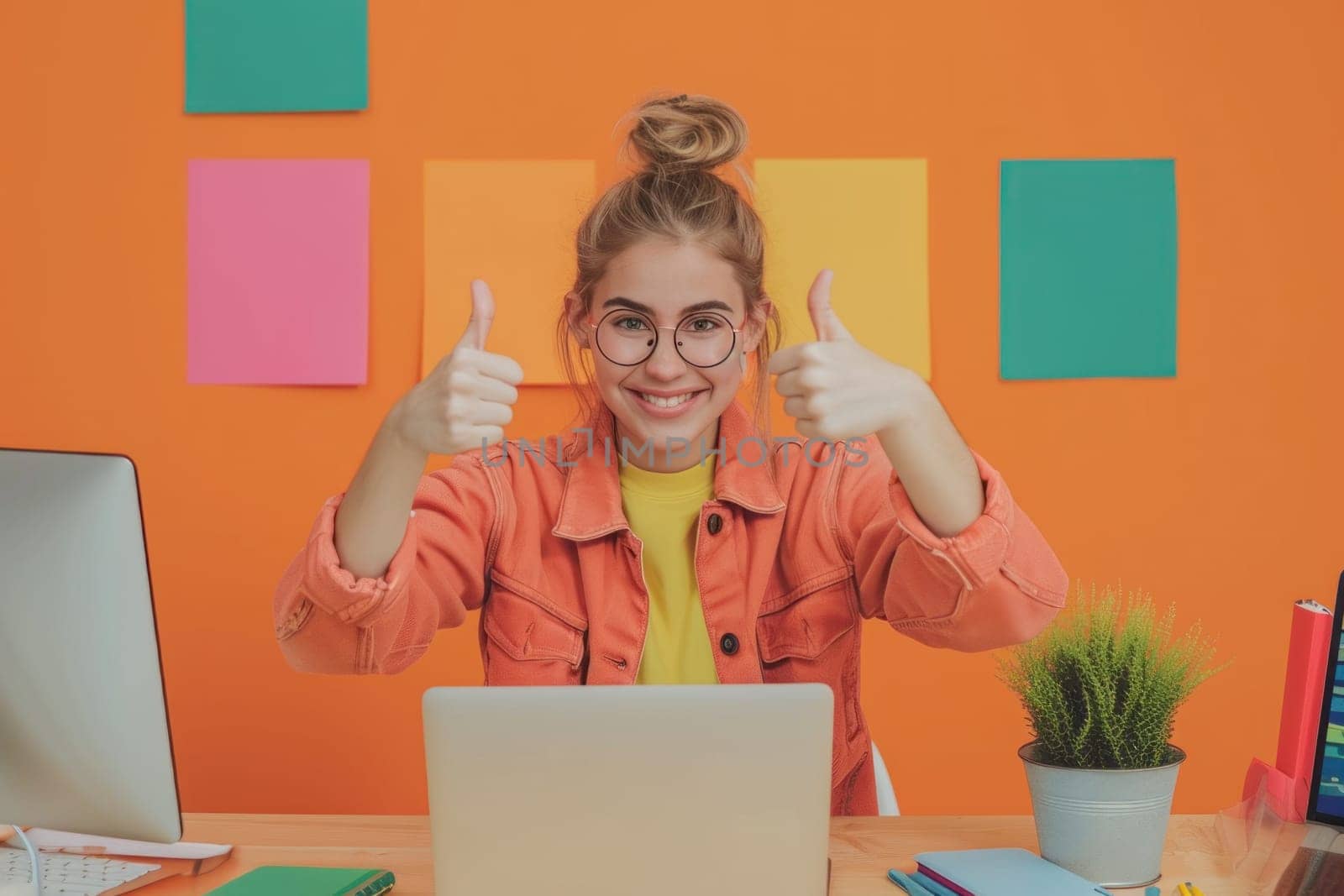 A girl sitting in the desk with a laptop on her lap showing thumbs up. Generative AI.