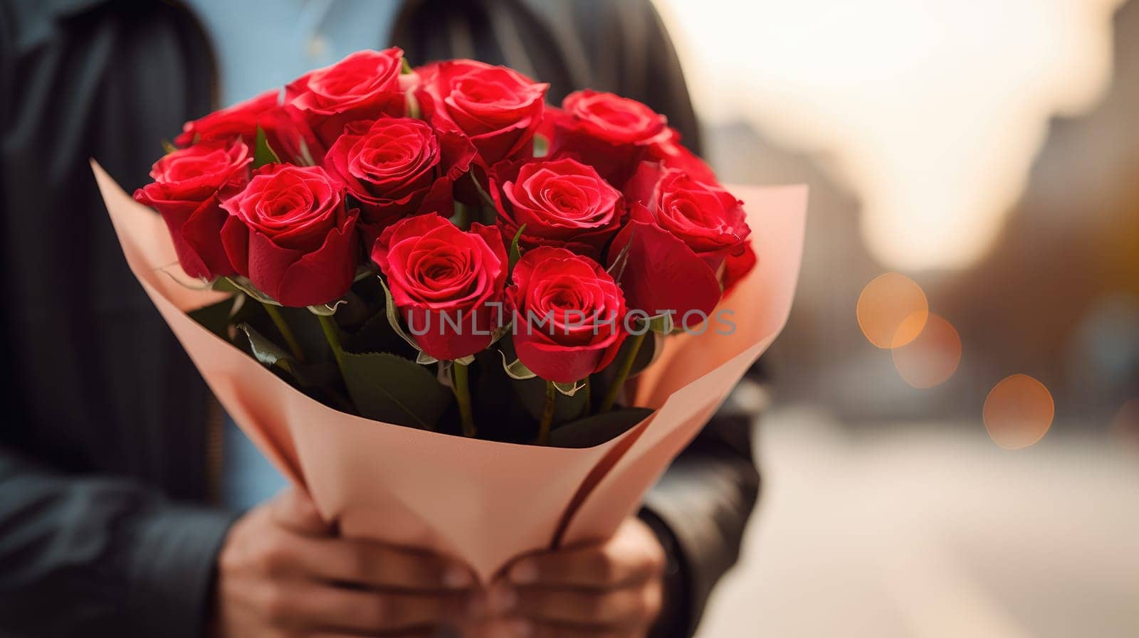 Man with red roses bouquet, Valentines Day, AI Generative.