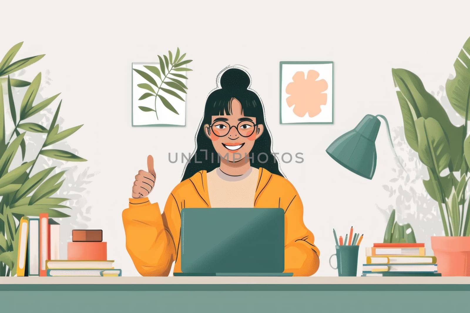 a girl sitting in the desk with a laptop on her lap showing thumbs up by golfmerrymaker