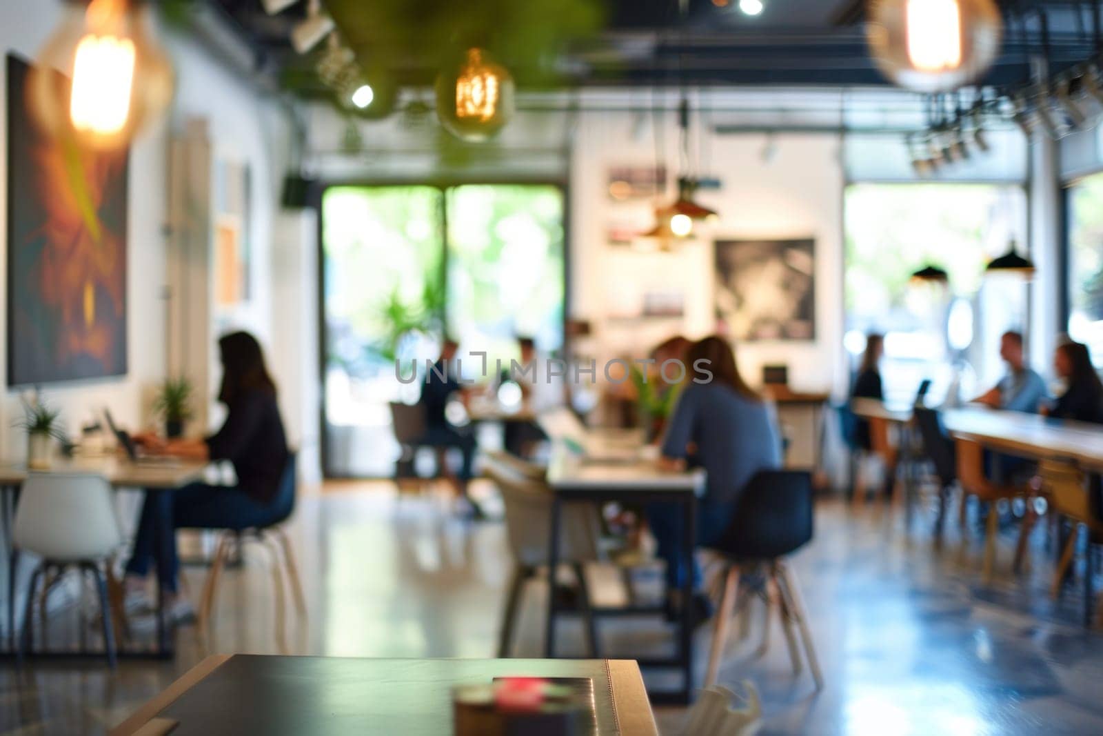 Blurred images of an elegant representation of a bustling co working space. Generative AI.