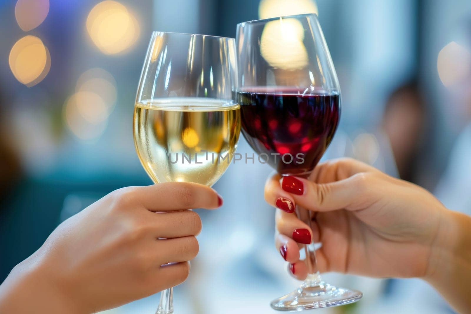 Women's hands touching wine glasses to drinking. Generative AI by golfmerrymaker