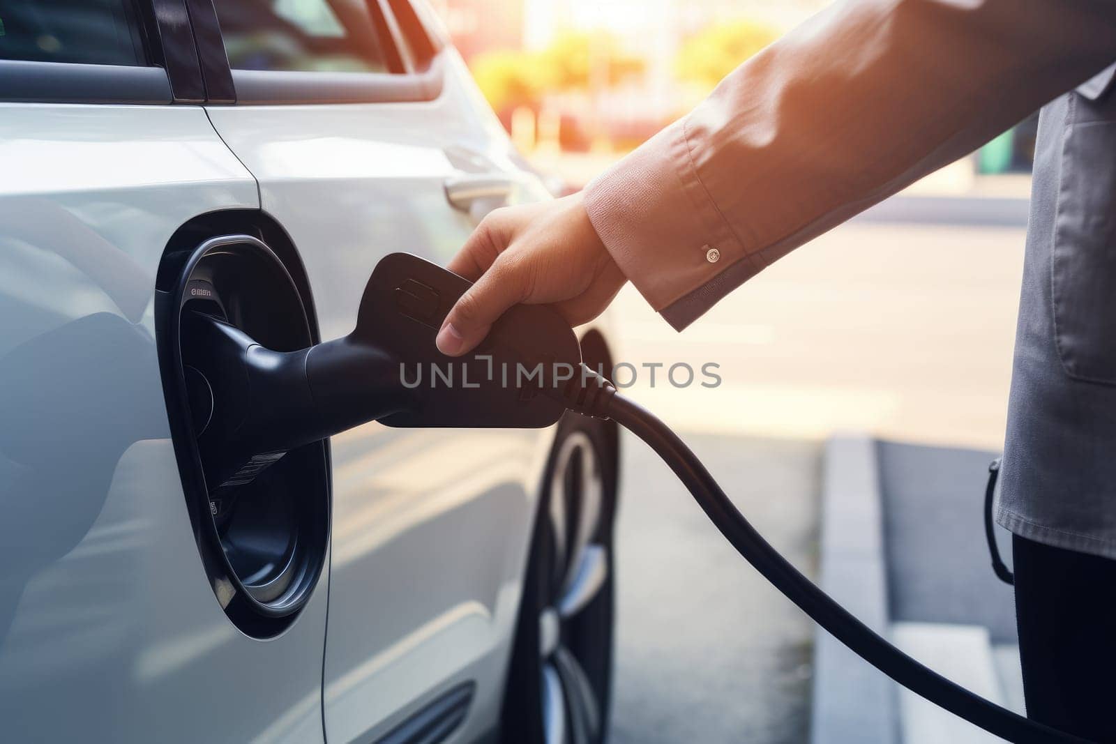 Electric car or EV is charging, Hand inserting EV charging plug to electric vehicle, AI Generative by nijieimu