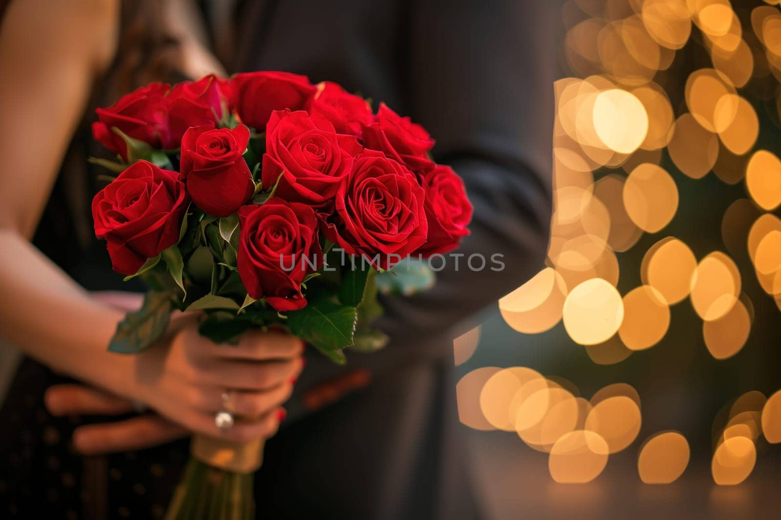 Woman's hands holding bouquet of red roses and the hands of a man in a suit embrace. Generative AI by golfmerrymaker