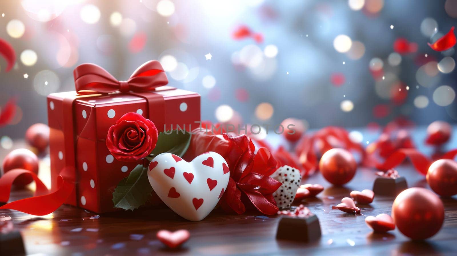 Valentine gifts in colorful packaging with bows and bright ribbons. Generative AI.