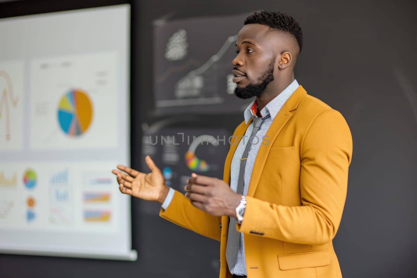 A successful man delivering a compelling business presentation in a sleek office. Generative AI.