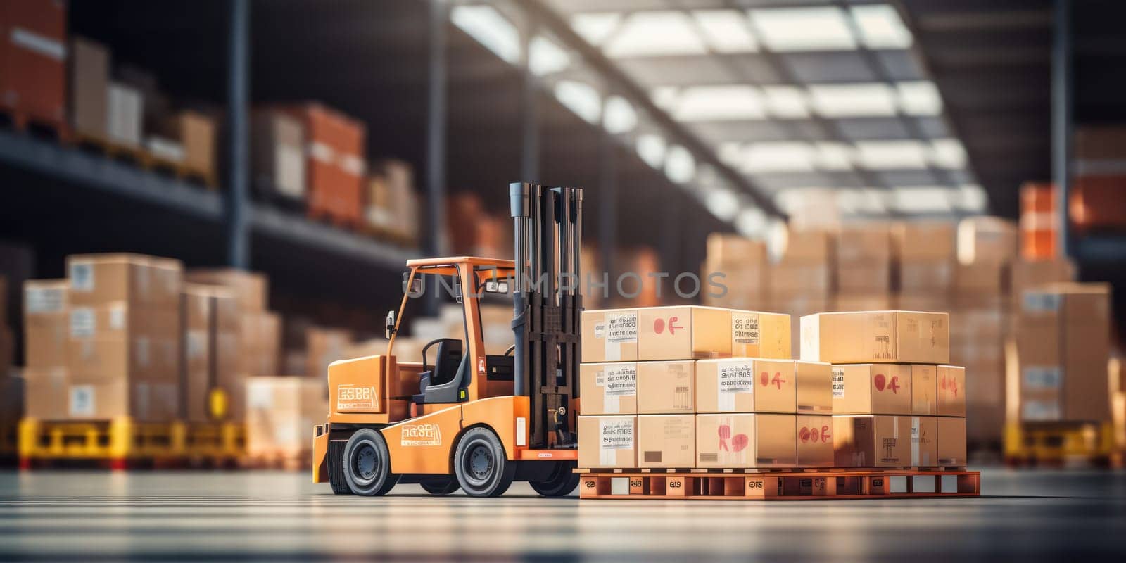 A forklift loads pallets and boxes onto racks in a huge hangar or warehouse. Generative AI.