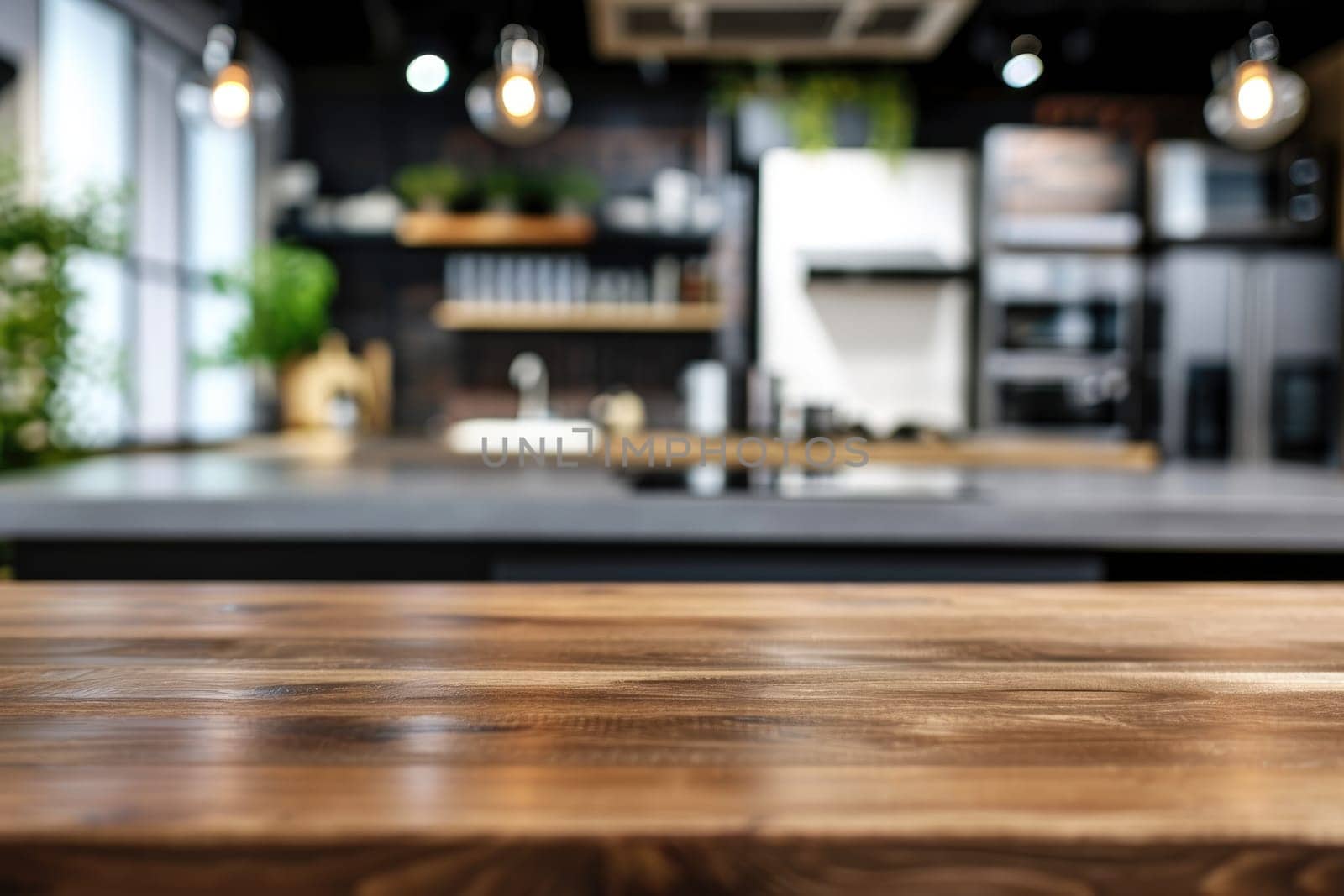 Empty counter table top for product display in modern kitchen interior.