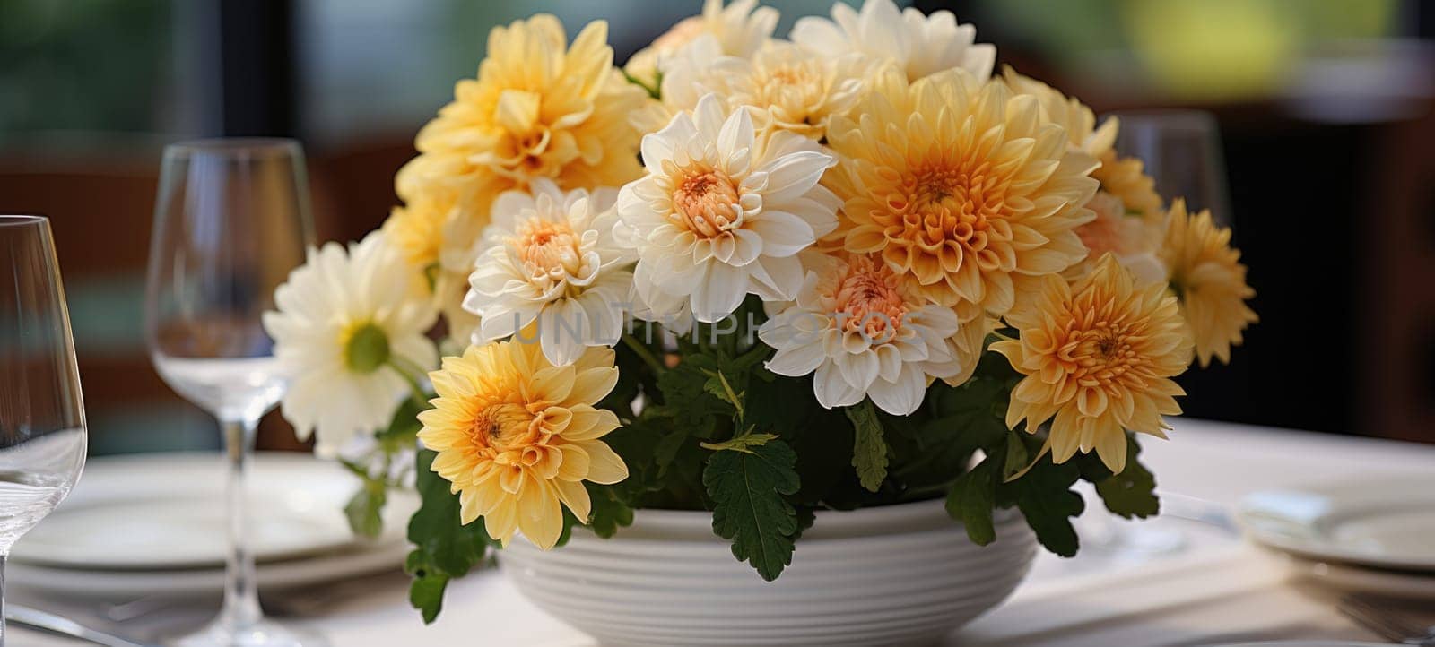 event table setting with chrysanthemum flower arrangement, ai