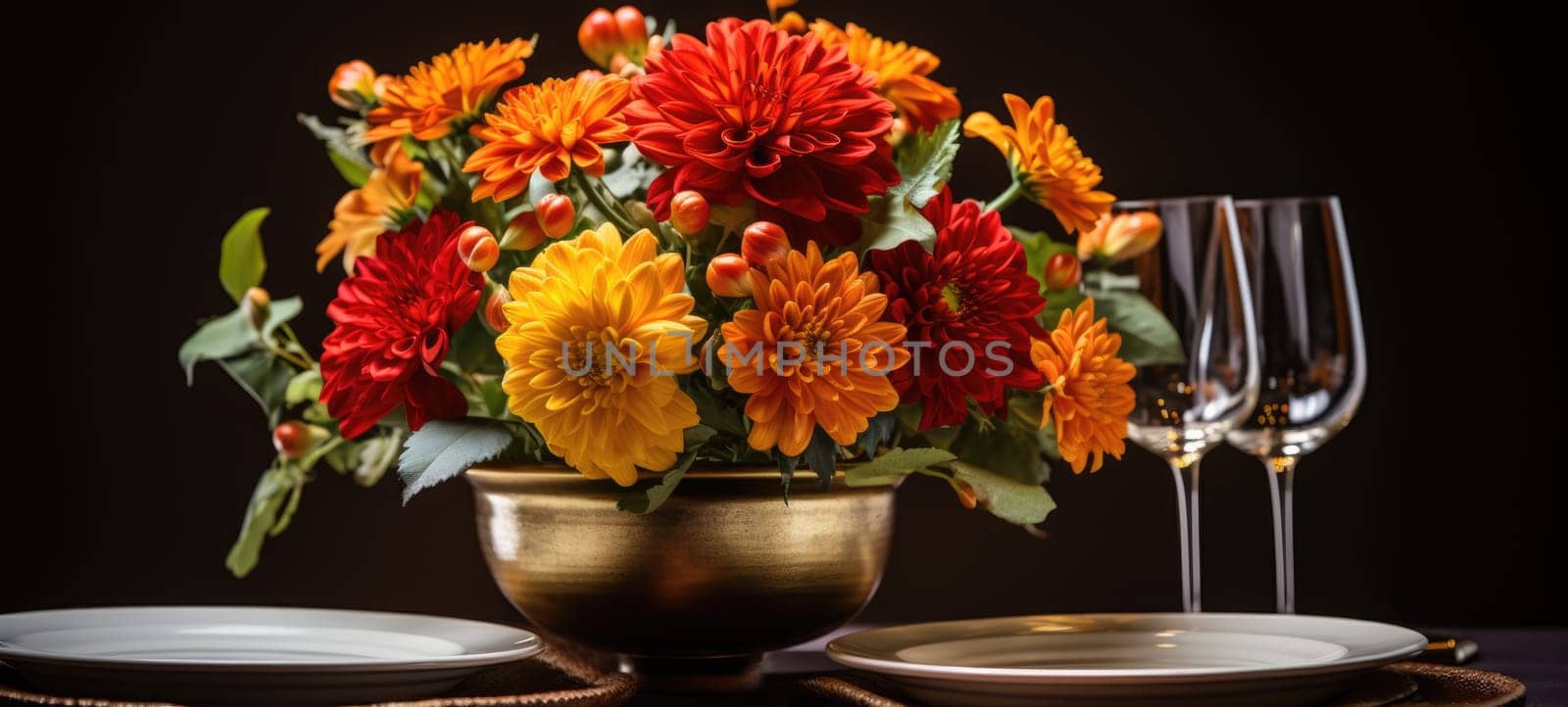 event table setting with chrysanthemum flower arrangement, ai