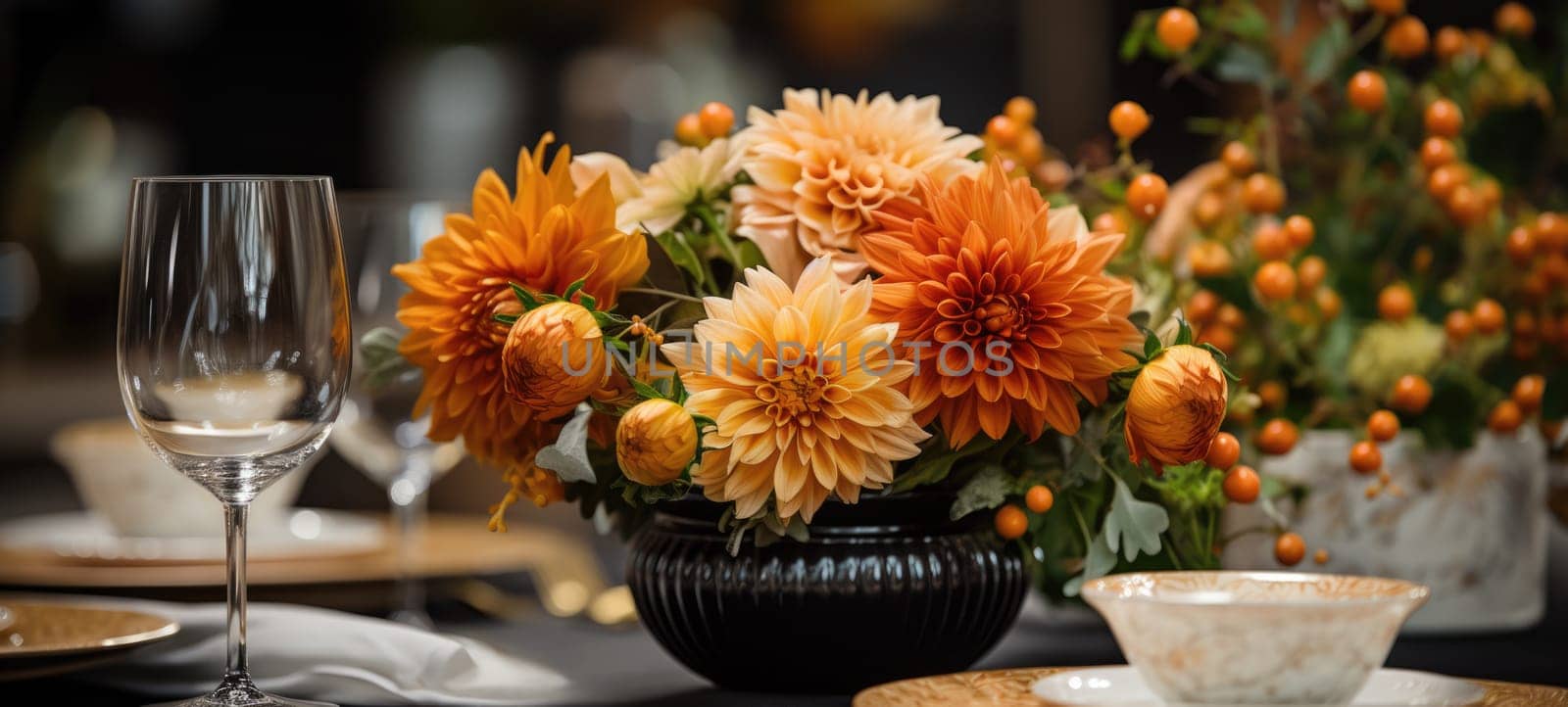 event table setting with chrysanthemum flower arrangement, ai