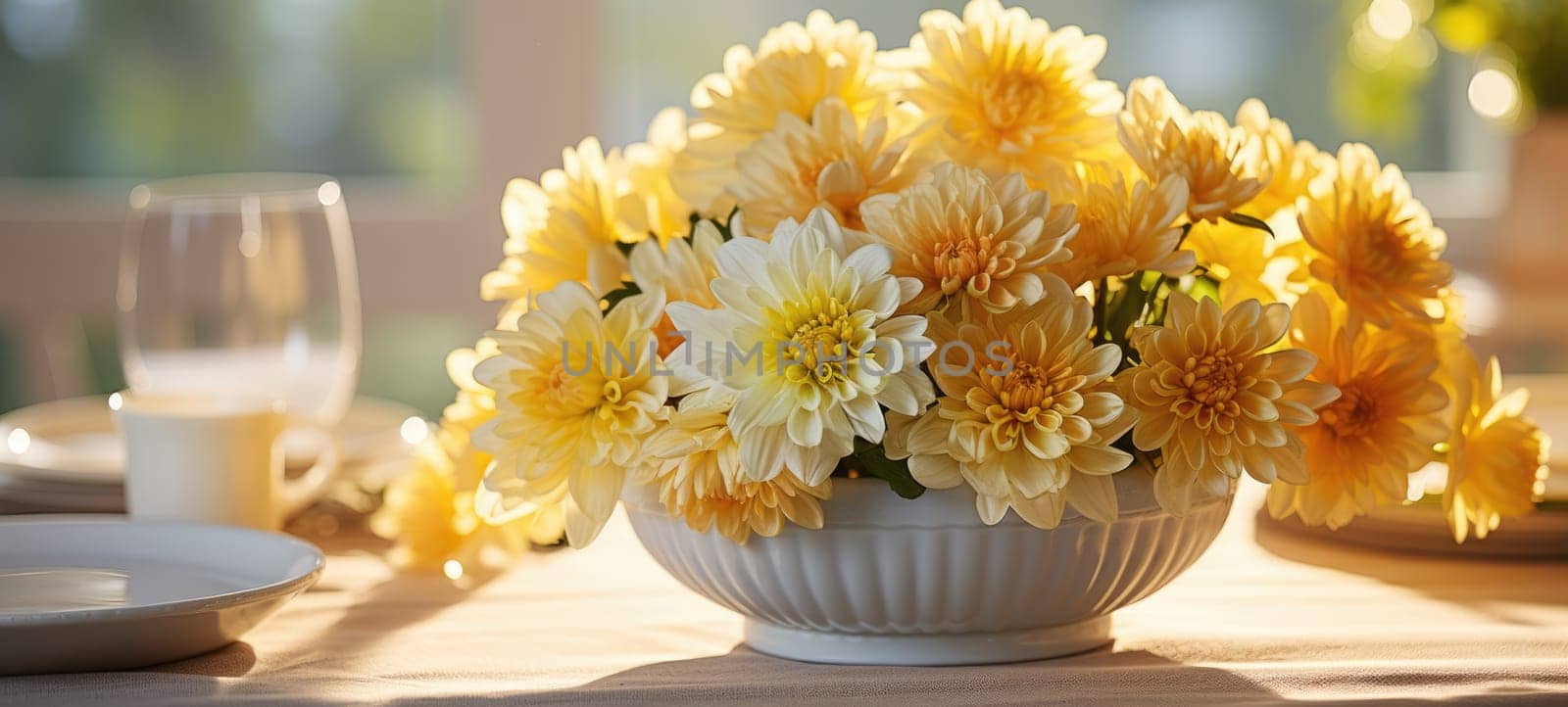 event table setting with chrysanthemum flower arrangement, ai