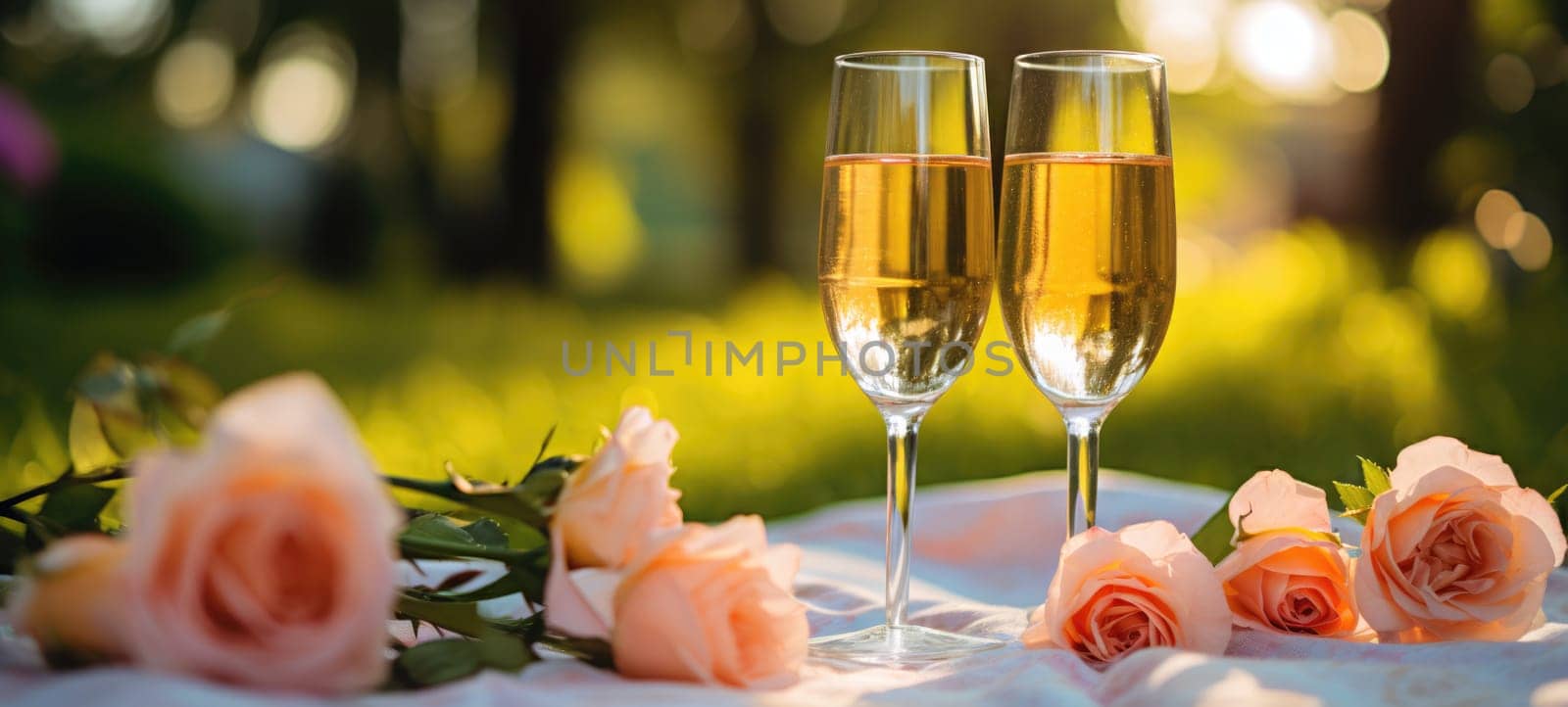 champagne picnic date in the park with flowers, ai