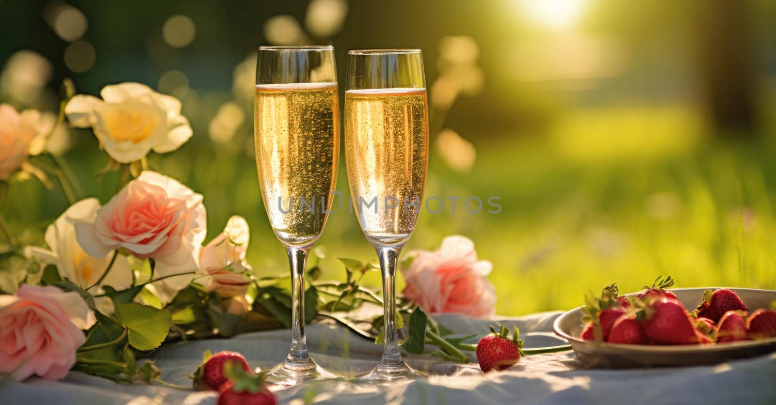 champagne picnic date in the park with flowers, ai
