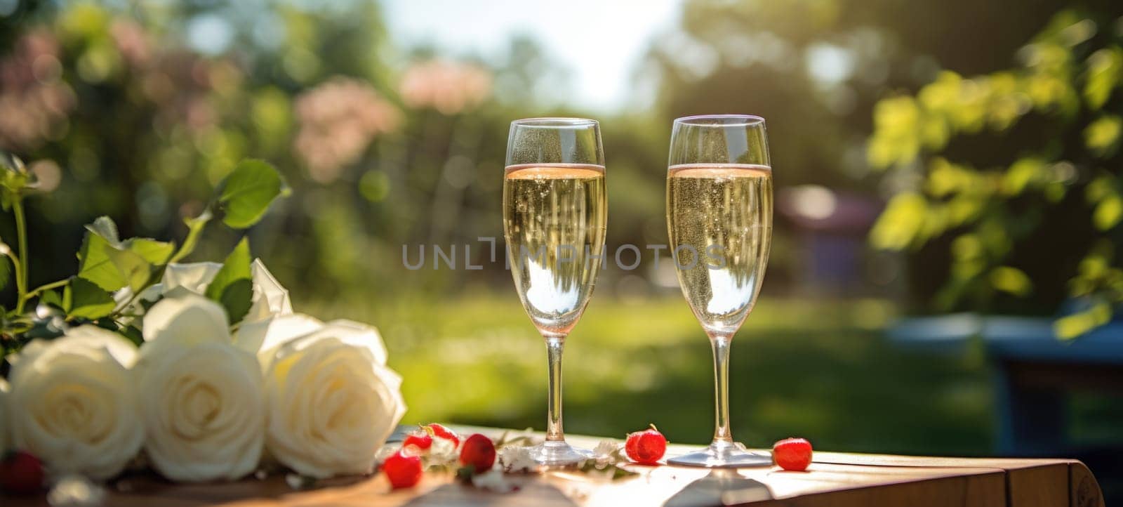 champagne picnic date in the park with flowers, ai