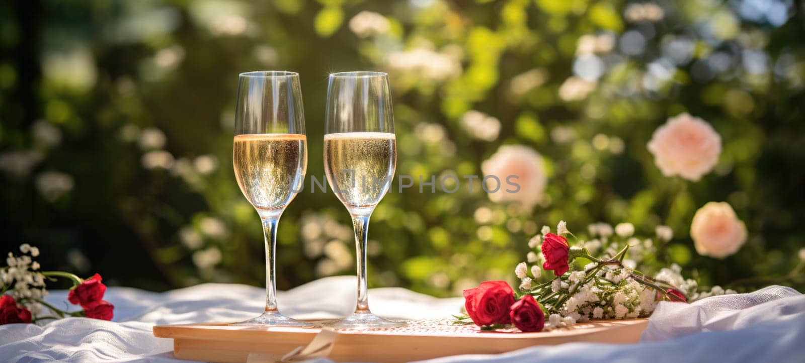 champagne picnic date in the park with flowers, ai