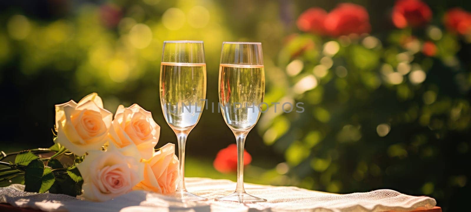 champagne picnic date in the park with flowers, ai