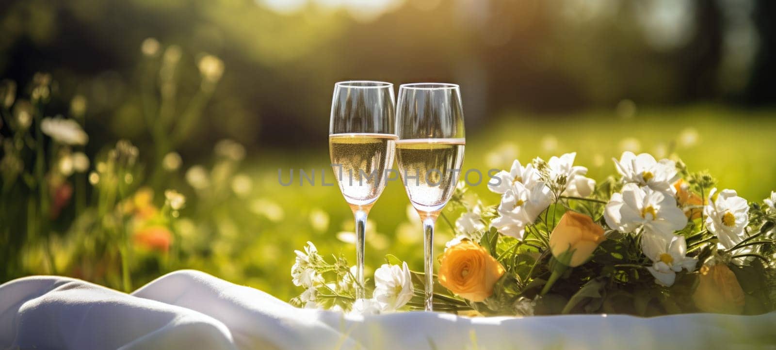 champagne picnic date in the park with flowers, ai