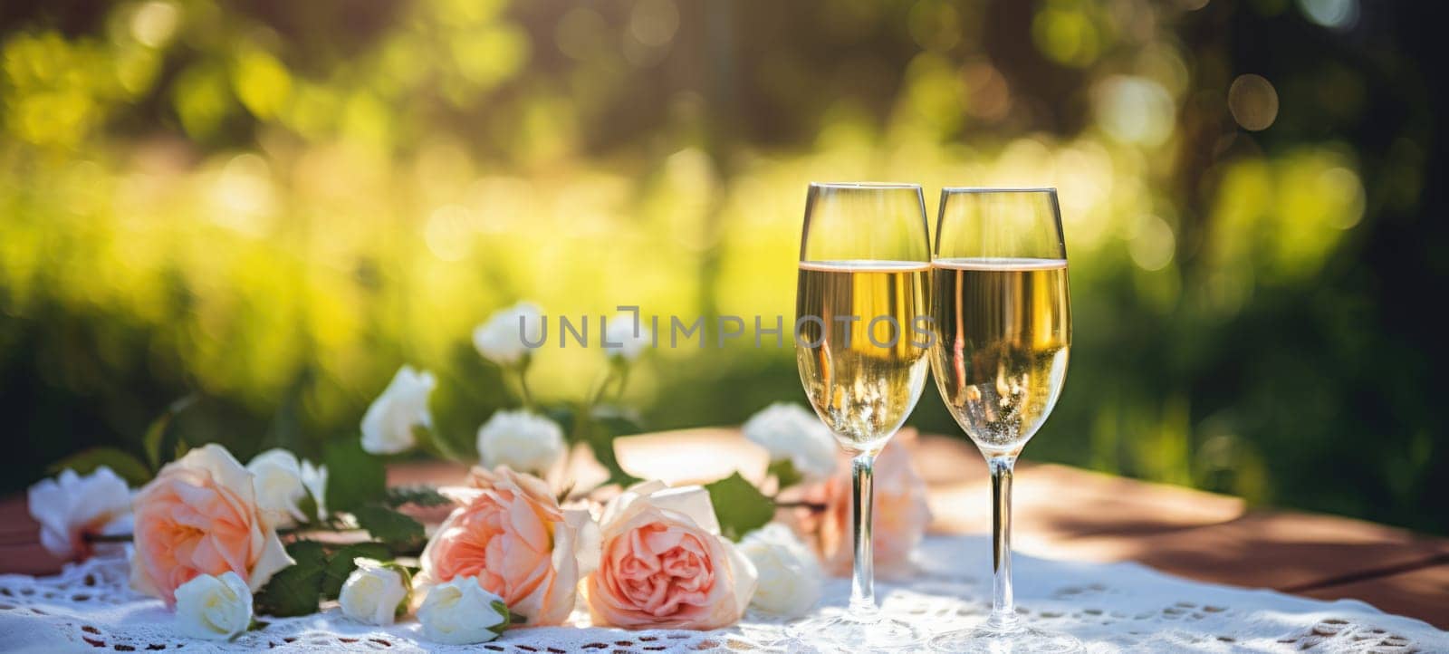 champagne picnic date in the park with flowers, ai