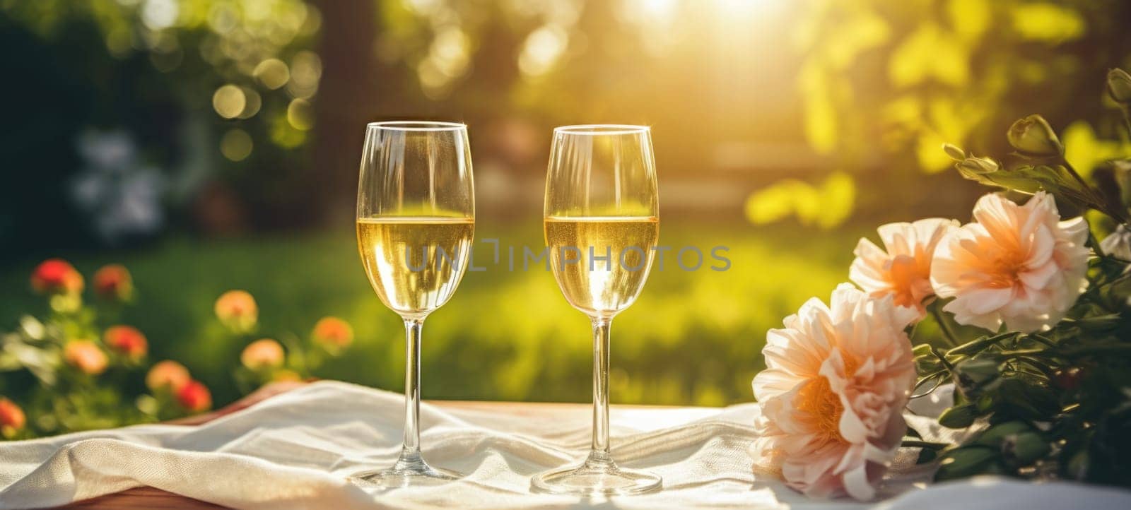 champagne picnic date in the park with flowers, ai
