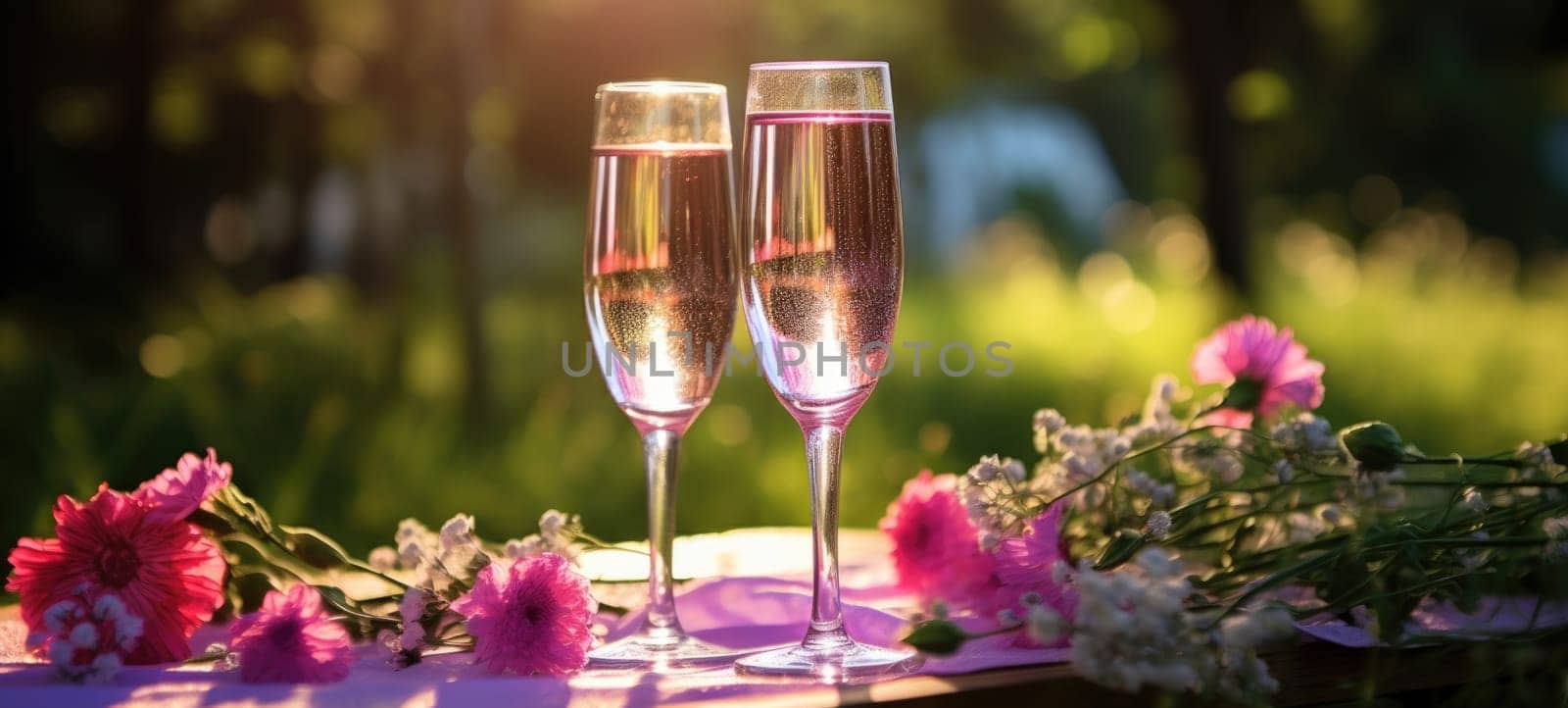 champagne picnic date in the park with pink purple flowers, ai