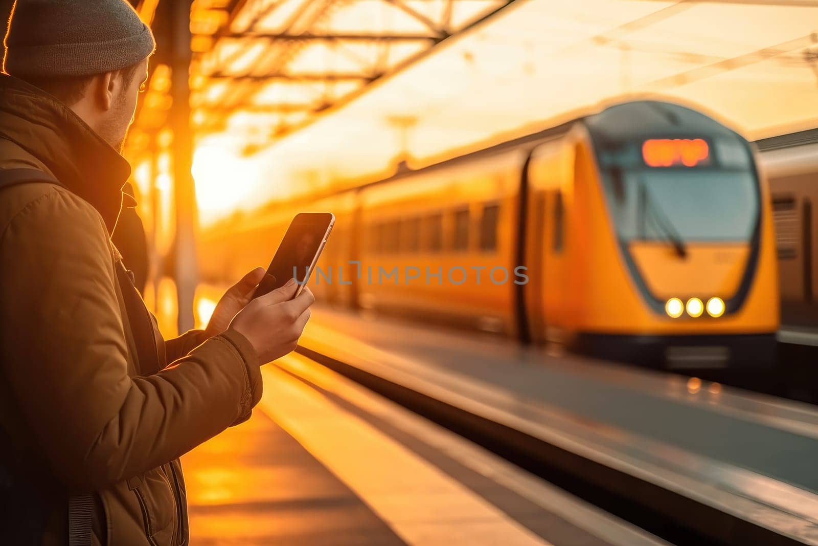 Focus Hand of human using mobile phone at railway station, AI Generative.