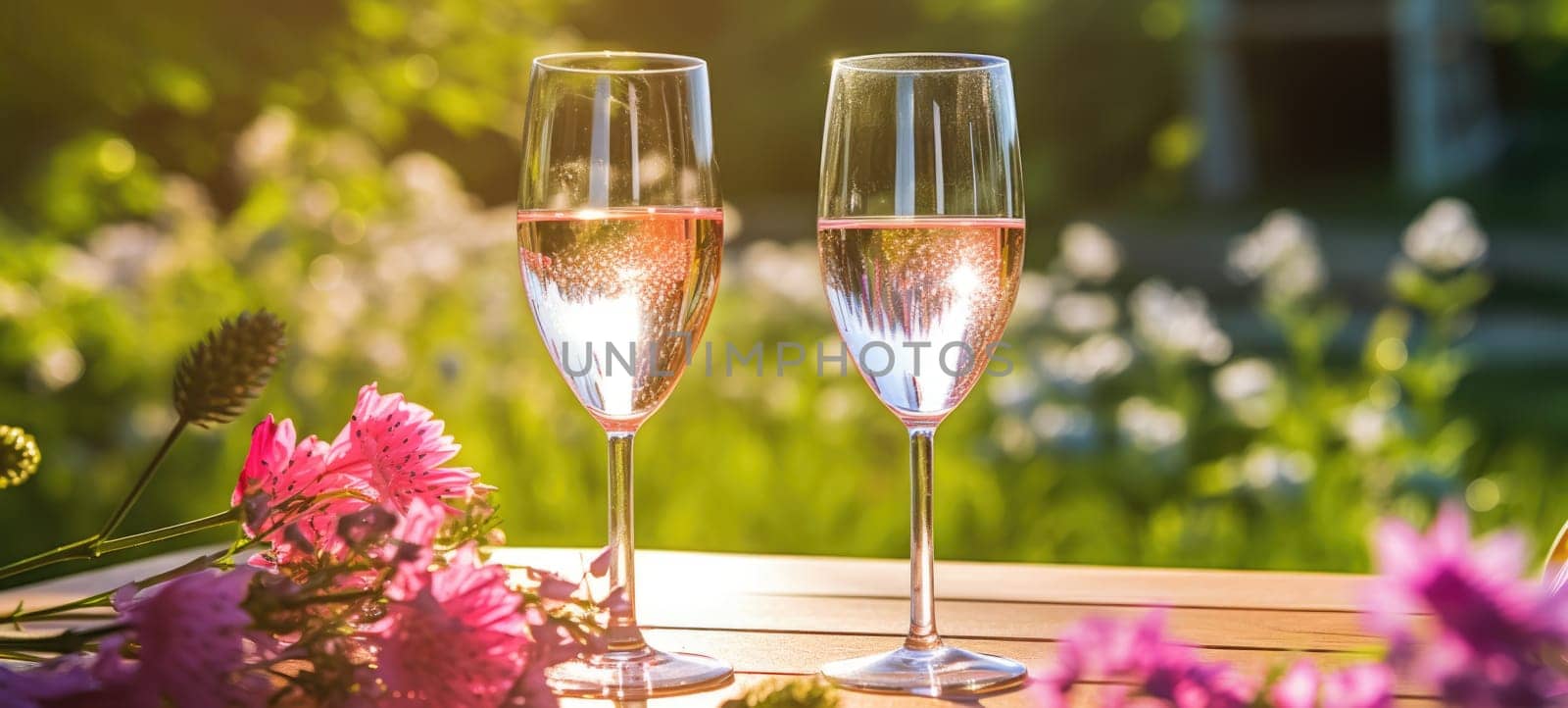 champagne picnic date in the park with pink purple flowers, ai