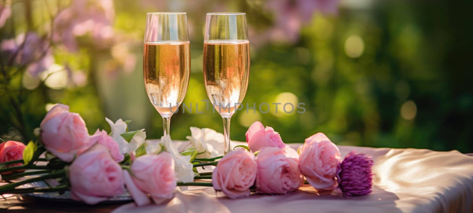 champagne picnic date in the park with pink purple flowers, ai