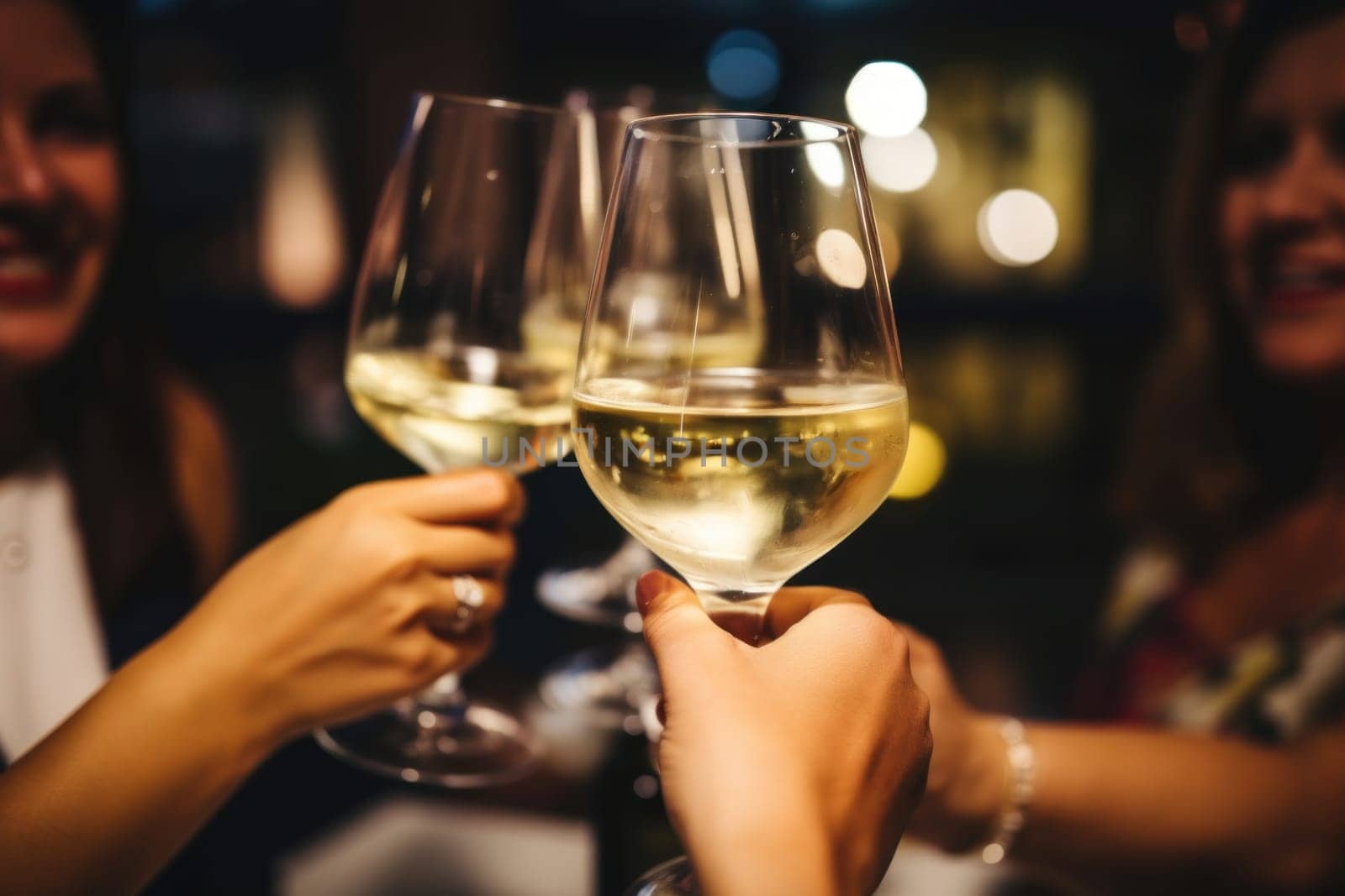 Close up of group of friends toasting with glasses of white wine at restaurant.