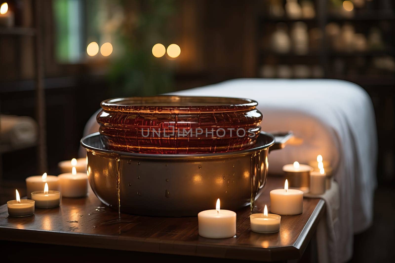 Romantic atmosphere with candles in the spa room, candles and aroma oil in the spa salon.