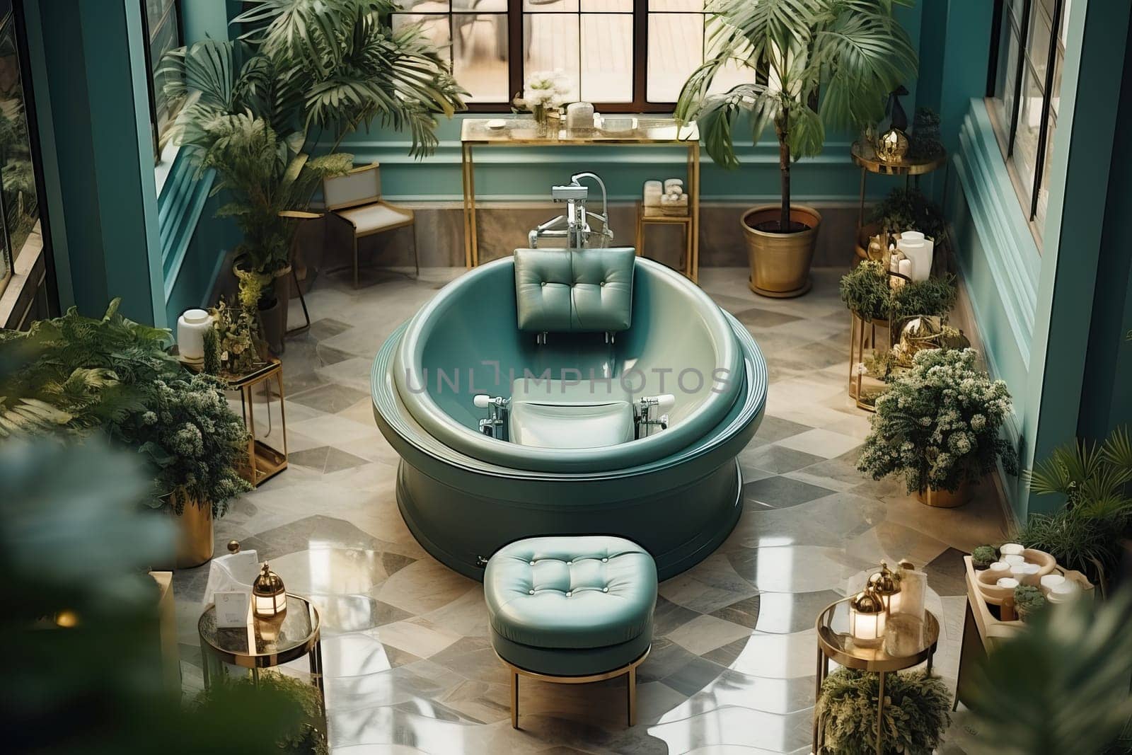 A luxurious green spa salon with a massage chair and a bathtub, a spa salon landscaped with flower pots.