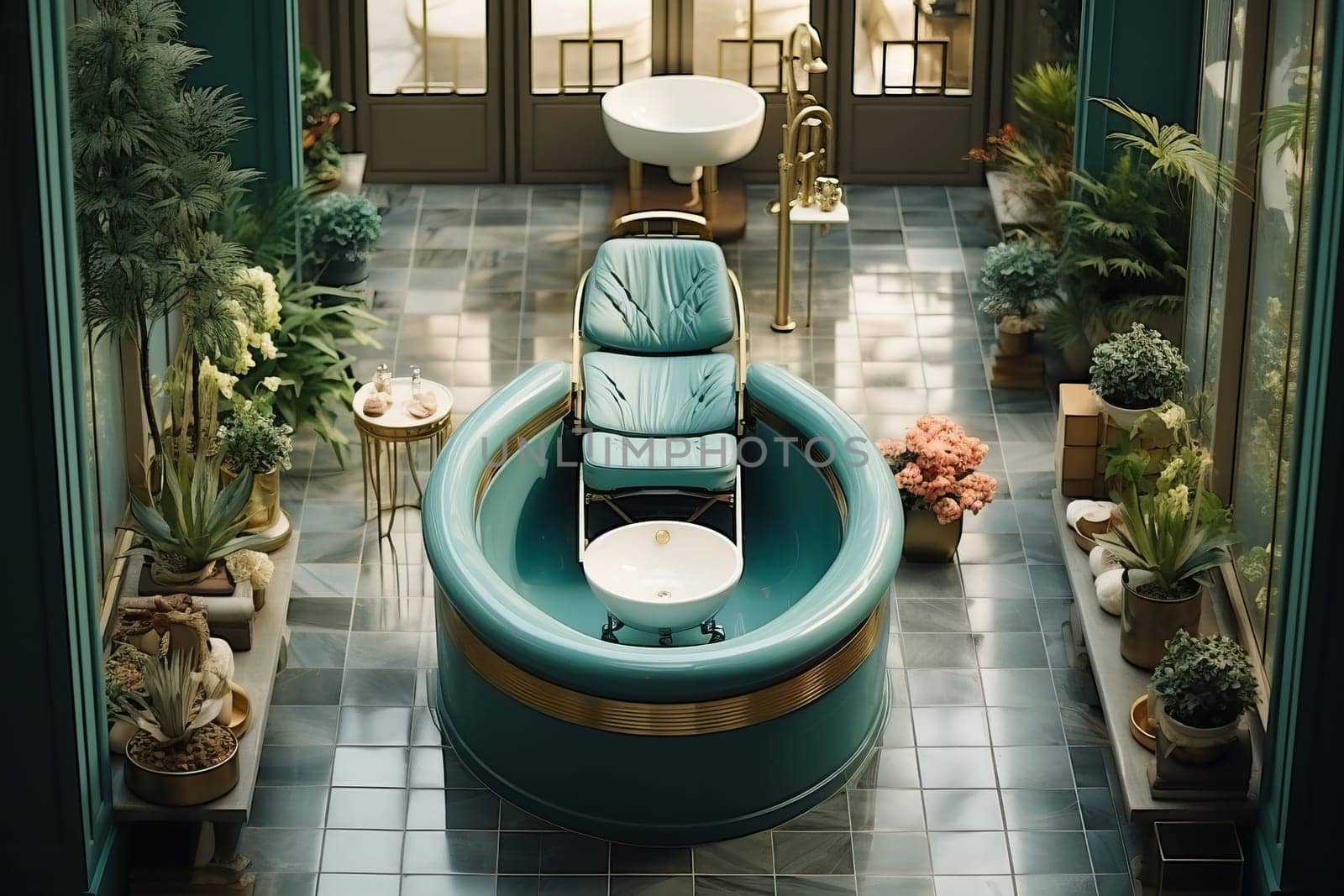 Luxurious green spa salon with massage chair and bathtub. by Niko_Cingaryuk