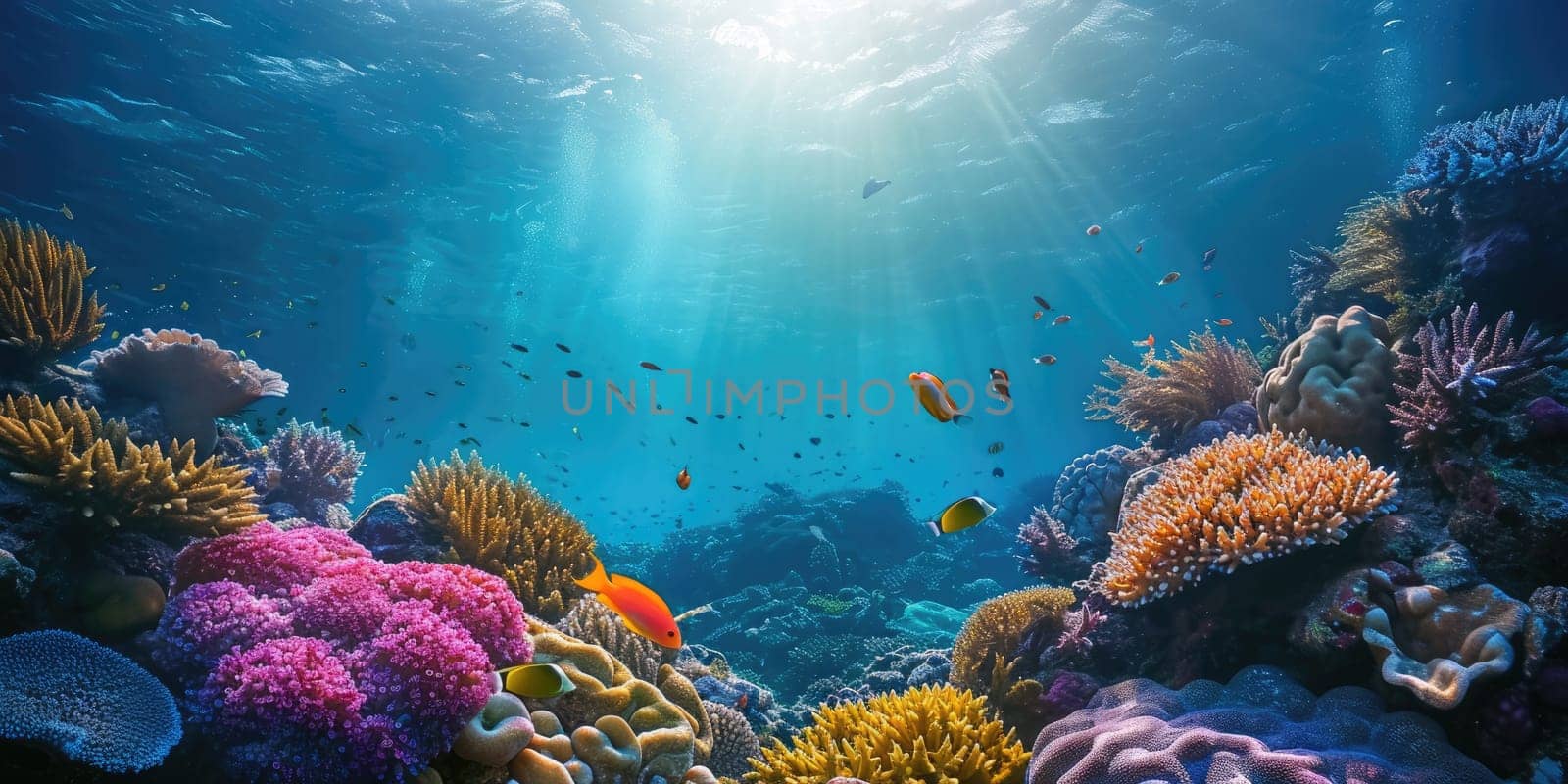 An underwater coral reef scene, diverse marine life, vivid colors, showcasing the beauty and diversity of ocean life. Underwater photography, coral reef ecosystem, diverse marine life,. Resplendent.