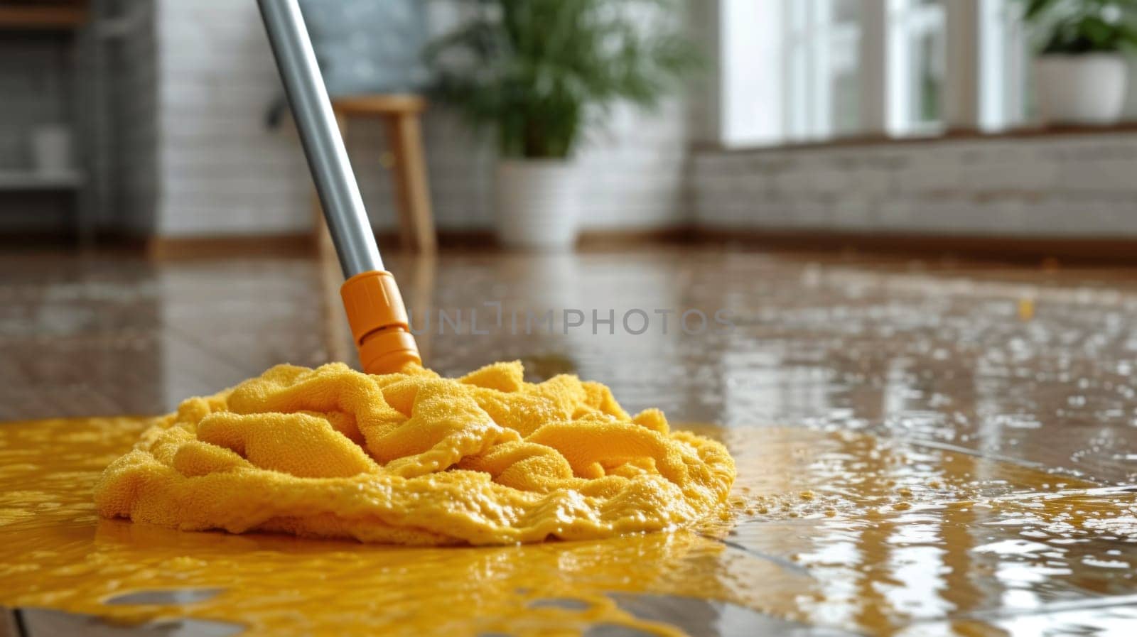 Microfiber mop cleaning the house floor. Generative AI.