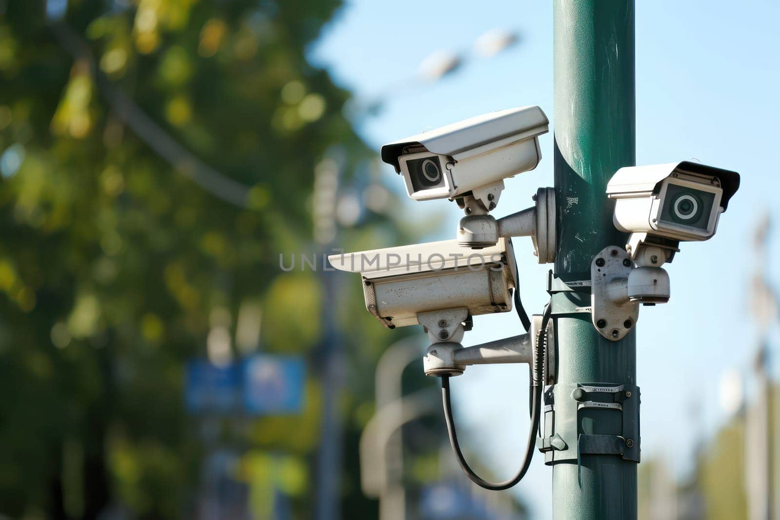 Security CCTV cameras on the pole. Generative AI.