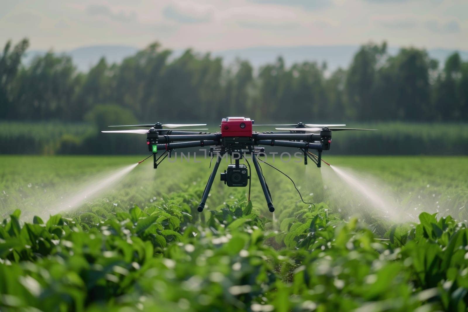 Spraying agricultural chemicals from a drone in the field. Generative AI.