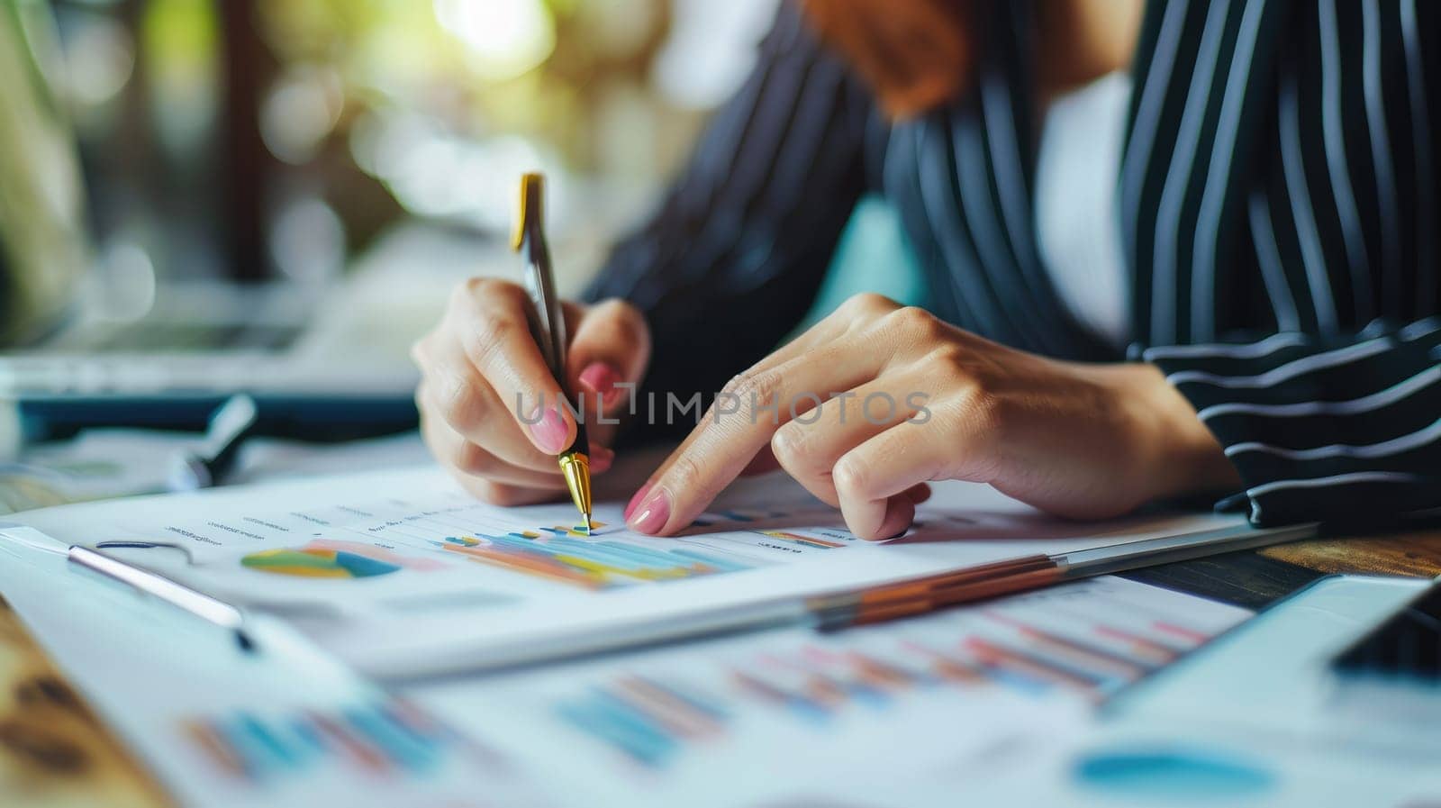 Hands of businesswoman examining graph at desk, Financial advisor and accounting concept by nijieimu